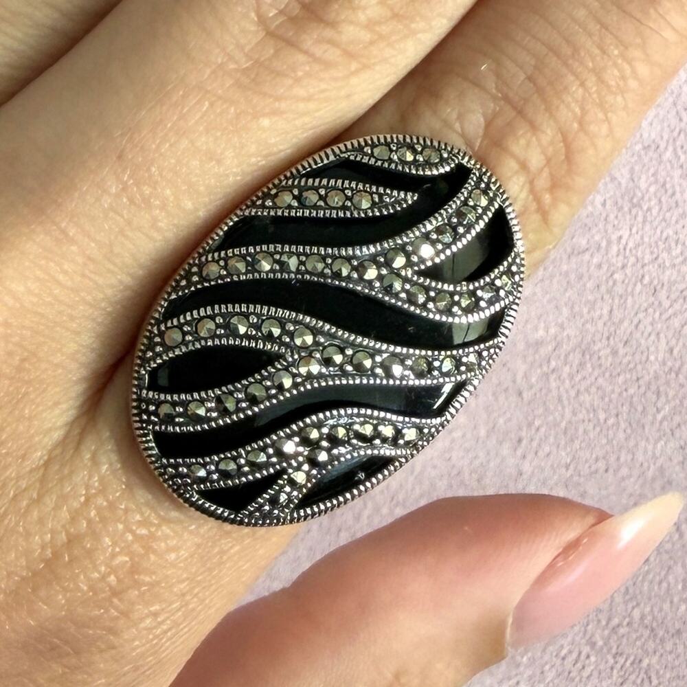 judith jack sterling silver onyx & marcasite studded zebra stripes ring size 6